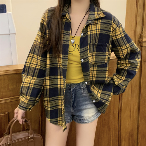 Cross-border French-style sweet girl blue checkered loose long-sleeved shirt women's middle-long length sun protection outerwear fashion