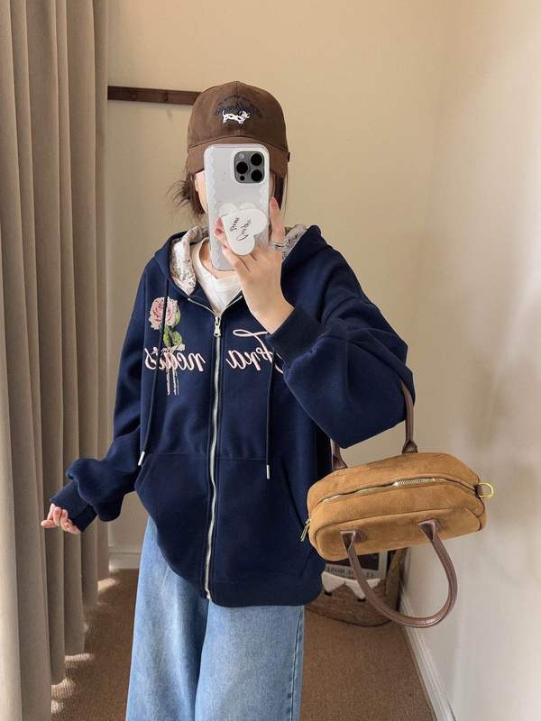 韩国东大门玫瑰字母刺绣碎花拼接连帽外套女秋季新款百搭长袖上衣|undefined