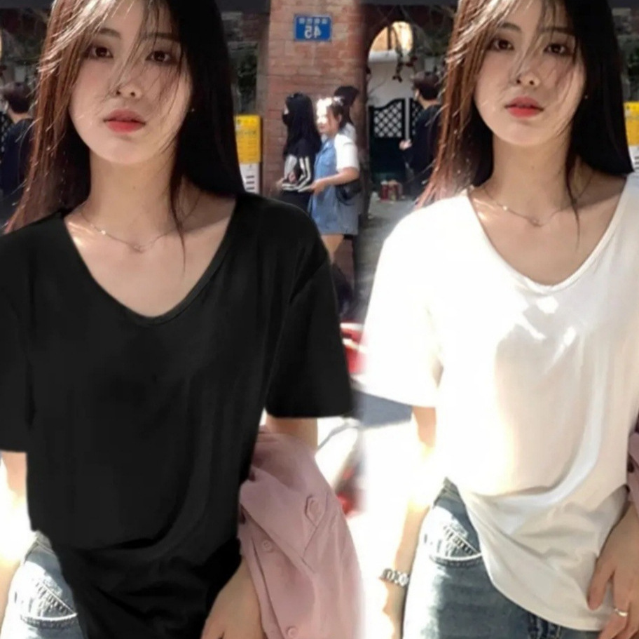 U-Neck T-Shirt for Women, Short-Sleeved, White, Regular Shoulder, Summer 2026, Large Neckline, Loose Fit, Slimming, Versatile, Solid Color Top T-Shirt