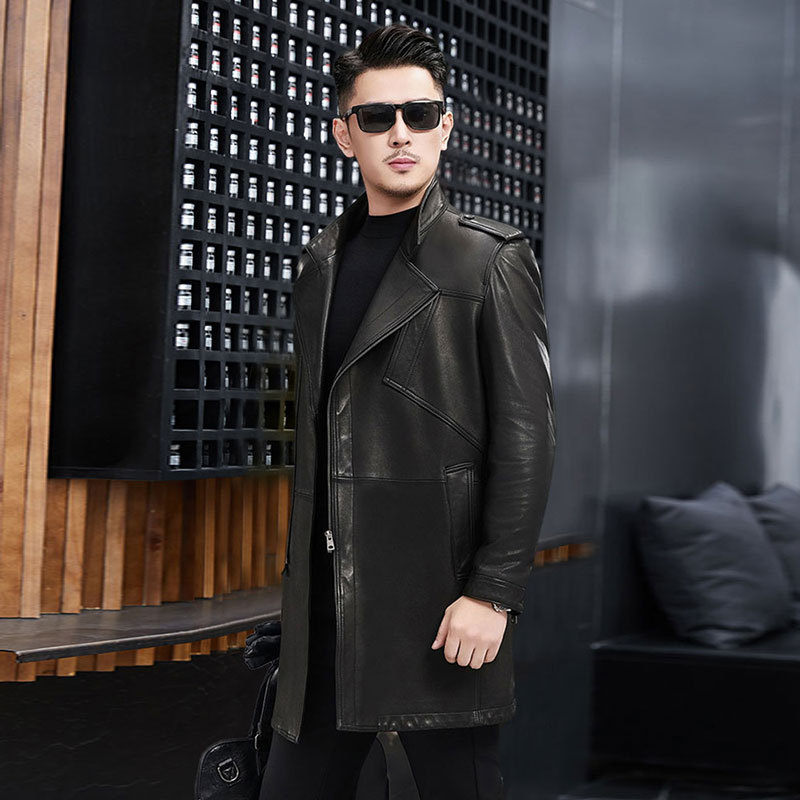 2026 New Haining Leather Coat Men's Mid-Length Leather Jacket Sheepskin Casual Coat New Slim-Fit Leather Trench Coat 2026 New Haining Leather Coat Men's Mid-Length Leather Jacket Sheepskin Casual Coat New Slim-Fit Leather Trench Coat