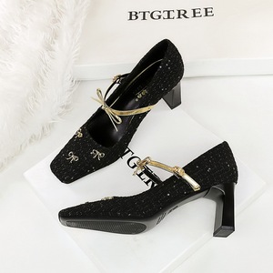 8293-11 French style fashionable woven fabric women's shoes square toe shallow mouth bow buckle strap thick single 