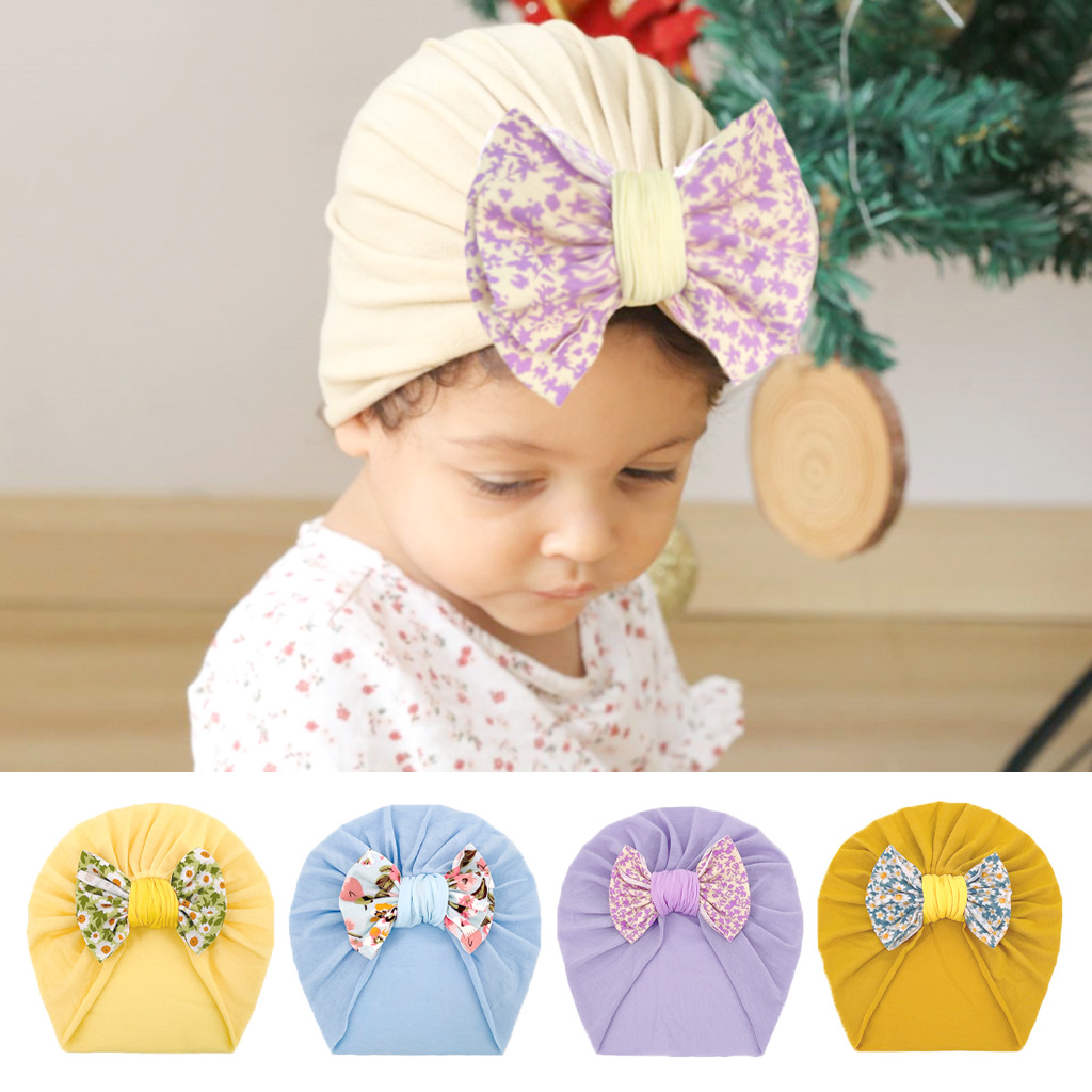 2022 Spring new pattern printing bow children Hat European style girl Infants keep warm Hat