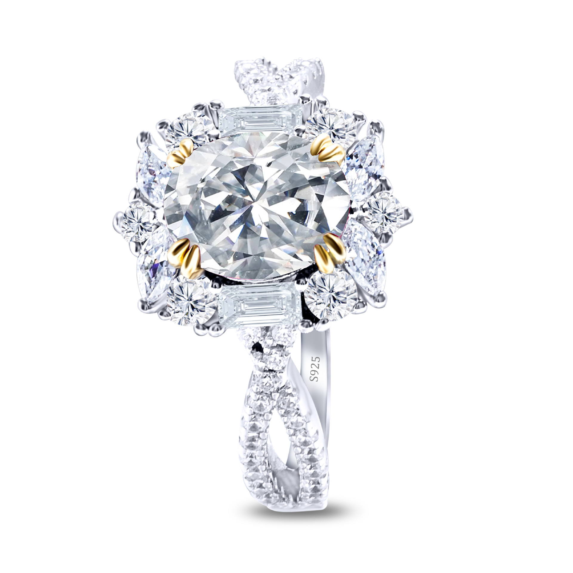 Diseño de lujo imitación de huevo de paloma oval de piedra de moissanite 2 quilates anillo de diamantes de oro platino anillo de piedra de diamantes de la mujer