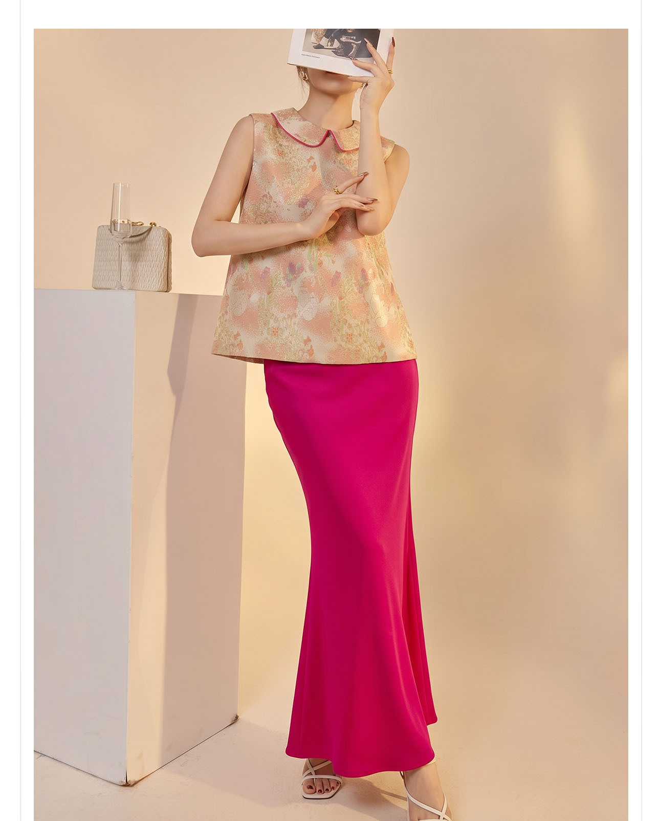 Bộ áo vest gile jacquard + chân váy nữ quốc phong mùa hè 2026 — Áo khoác Carmine, Trang phục [Áo khoác màu hồng+váy đỏ], Màu đỏ nửa váy chi tiết 5