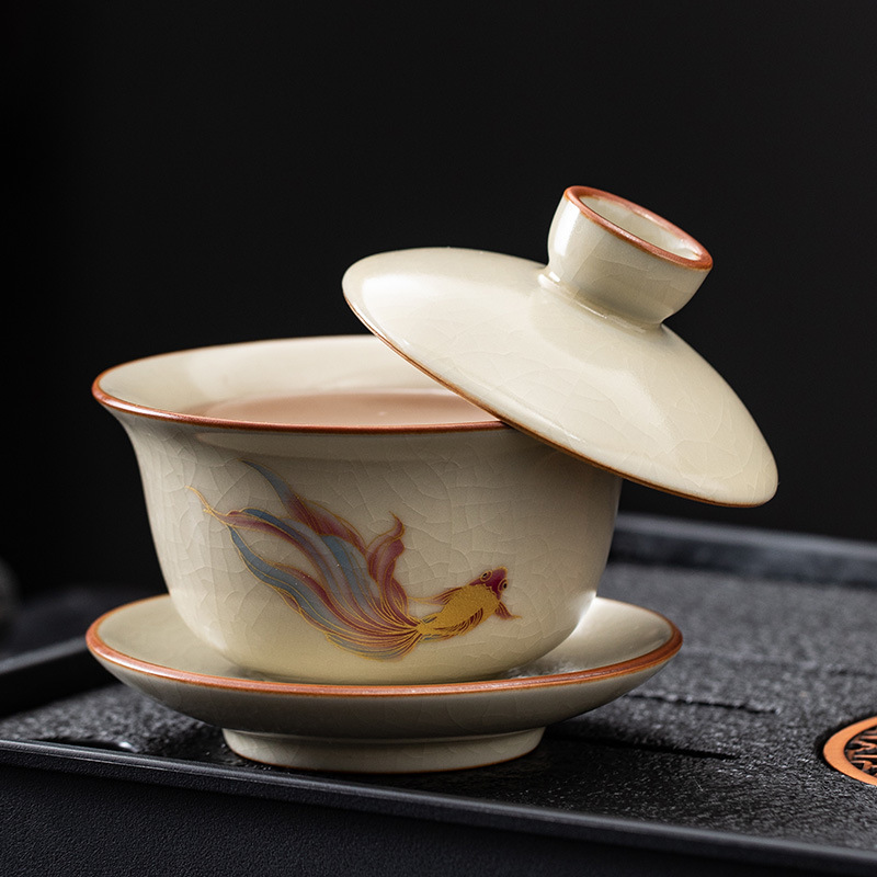 Ru Kiln Sancai Covered Bowl Can Hover Tea Bowl Single Non-hot Tea Kung Fu Tea Set High-end Household Ceramic Tea Cup Ru Kiln Sancai Covered Bowl Can Hover Tea Bowl Single Non-hot Tea Kung Fu Tea Set High-end Household Ceramic Tea Cup