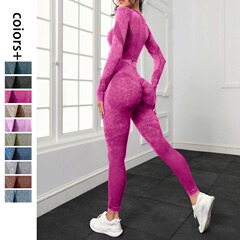 European and American water-washed peach buttocks fitness pants sports suit women's quick-drying running tight top seamless yoga suit set 