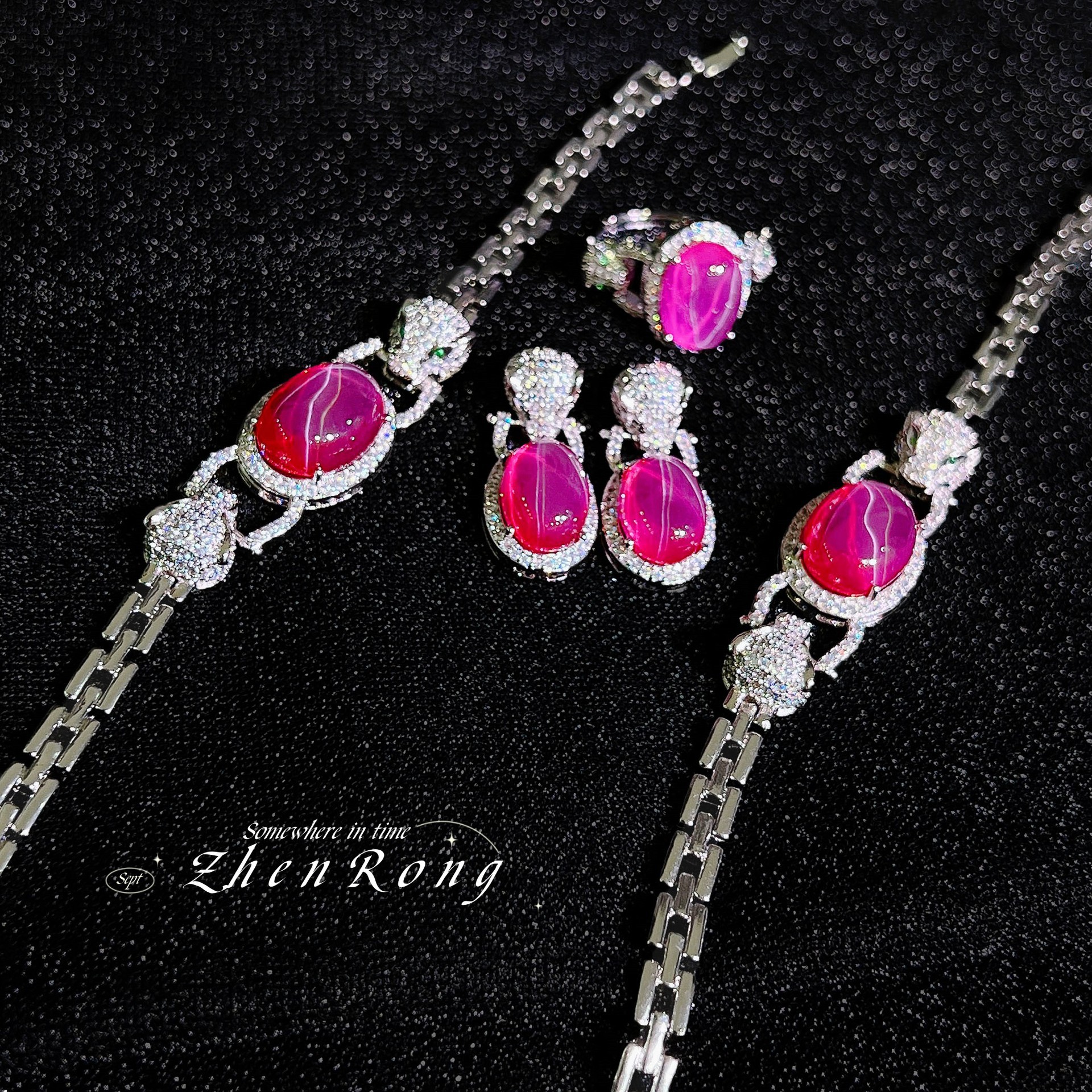 High-End Heavy Craft Cuban Chain Star Necklace Red Gem Bracelet Leopard Head Earrings Cheetah Ring Set For Women_voghion.com