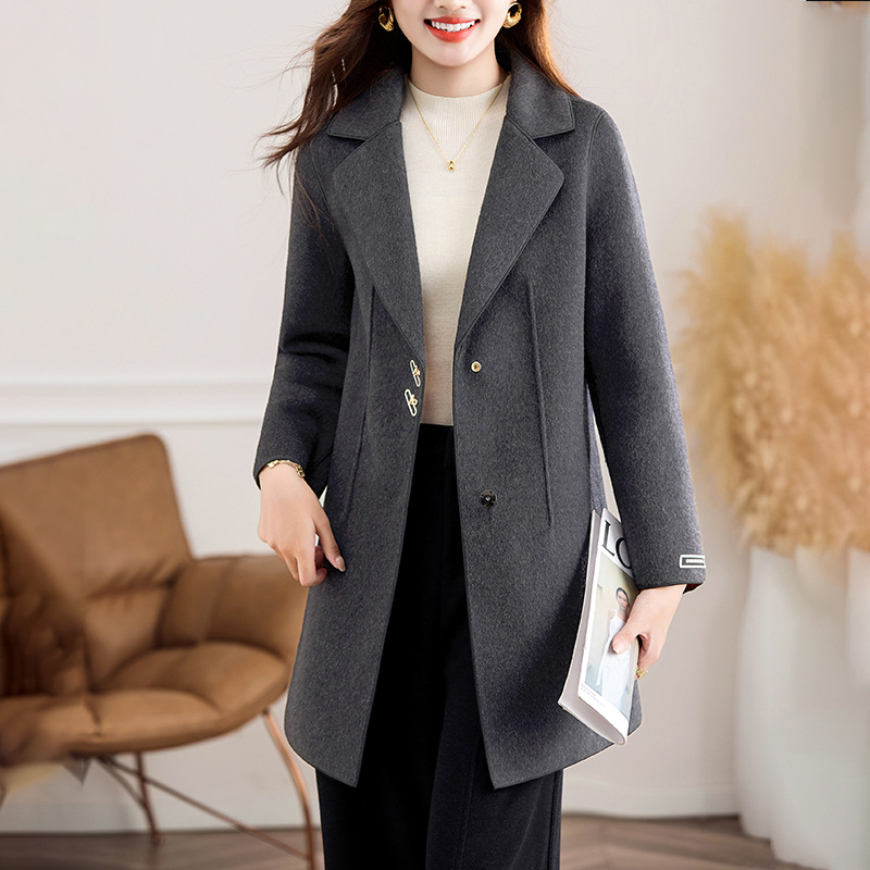 2025秋冬新款双面呢羊毛大衣女中长款西装领毛呢外套修身呢子大衣