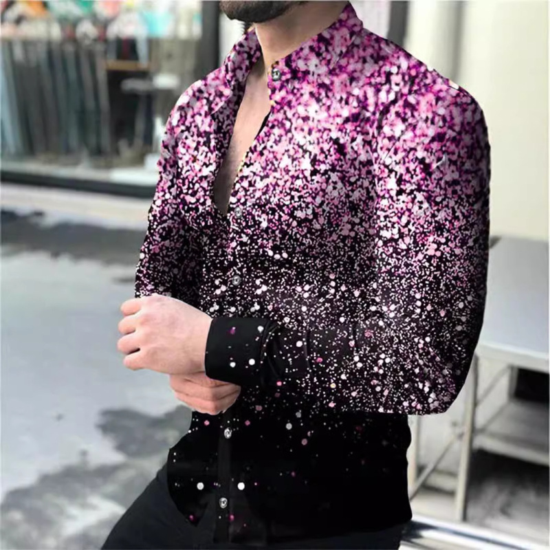 Men's Shirt with Glitter Print, Long-Sleeve Casual Top in Blue, Purple, Pink, Gold, and Red for Outdoor Street Wear