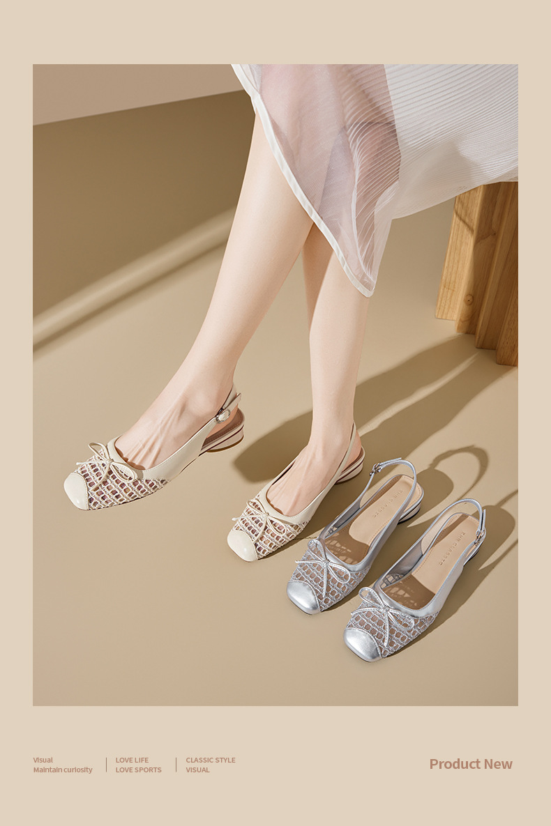 Sandal nữ mũi tròn quai ngang nơ bướm cổ điển, gót thấp thoáng khí — CV21 Bạc chi tiết 5