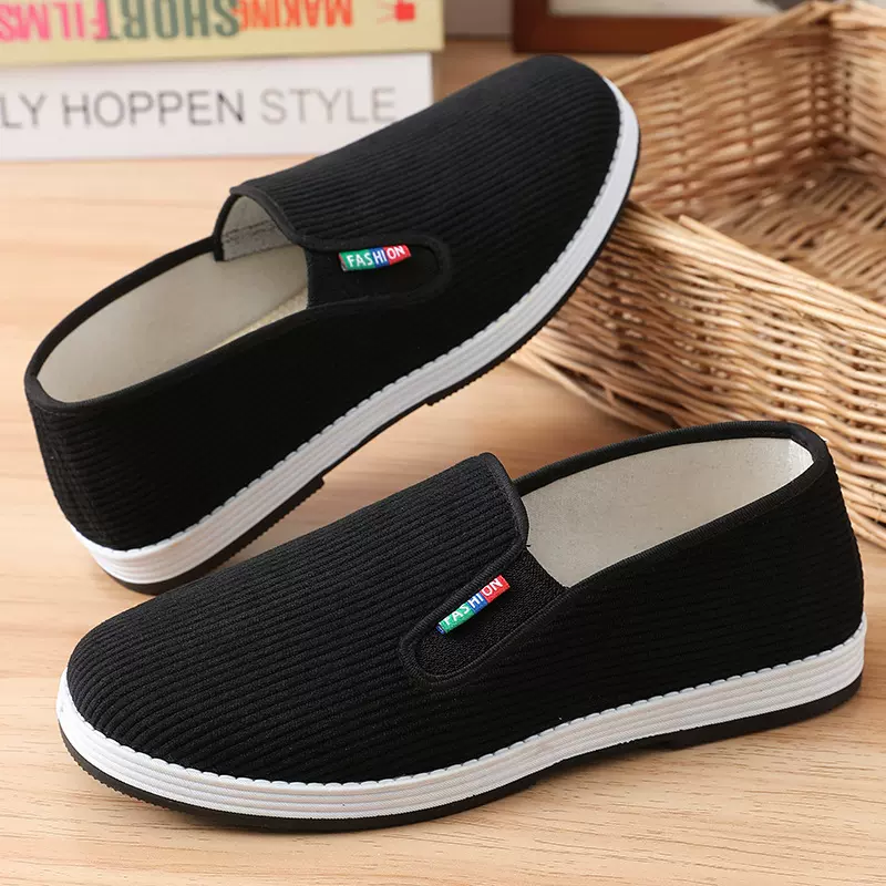 艾草条绒布鞋春秋款透气鞋老北京黑布鞋底防水布鞋低帮软底防滑鞋