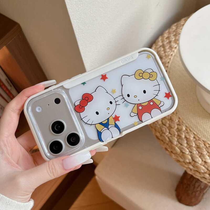 New Flip Cover Stand Retro Kitty Friend Style Suitable for Apple 17 Pro Phone Case 16 Pro Max Soft Case 15 Cover