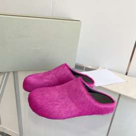 2023春新款网红休闲情侣包头拖鞋女潮流四季马毛拖鞋男外穿懒人鞋