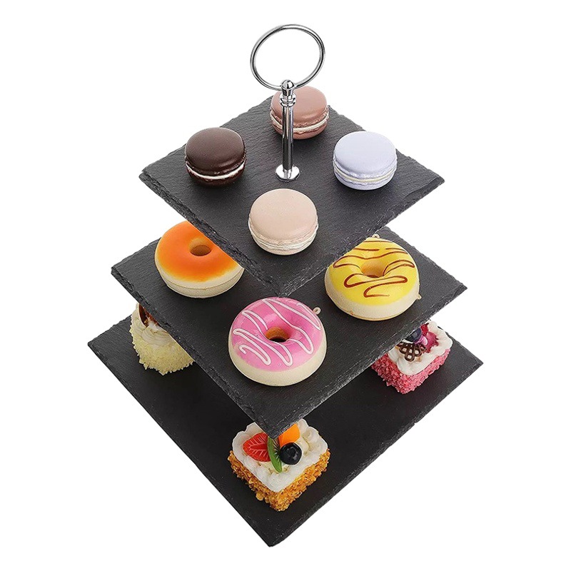 Rock Placa de tres capas Placa de cadena té de la tarde japonesa plato de fruta de la boda de doble capa postre pastel soporte postre soporte de exhibición
