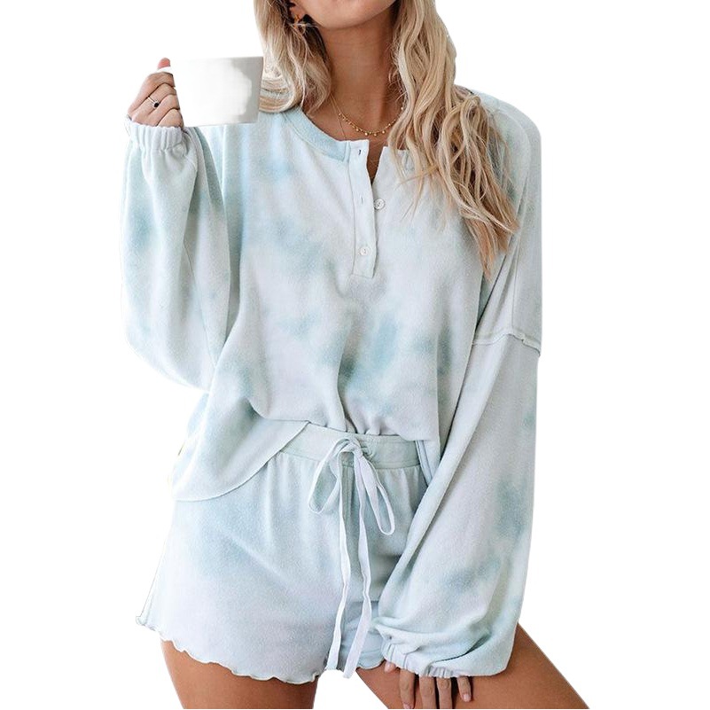 Verano Amazon popular europeo y americano mujeres tie-dyed impreso casual de manga larga pantalones cortos traje homewear OM9256