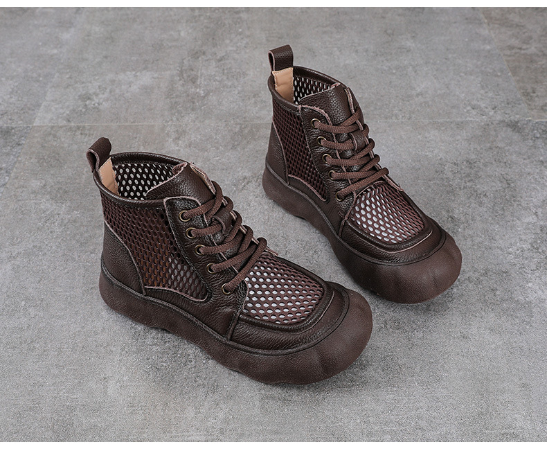 Boot nữ cổ thấp da bò lưới phối đế dày phong cách cổ điển — màu nâu chi tiết 13