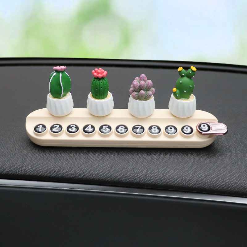 Suculentas plantas en macetas, placas de matrícula de estacionamiento temporal, teléfonos de automóviles, placas de matrícula en movimiento, tarjetas de transferencia de automóviles, adornos de accesorios se pueden ocultar