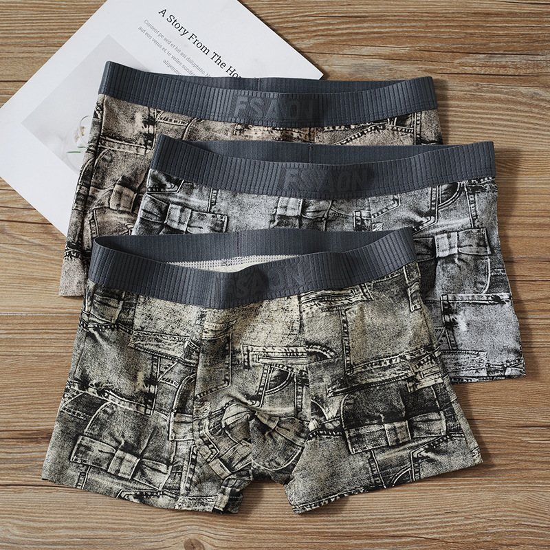 New Denim Printed Men's Underwear Pure Cotton Sports Comfortable Breathable Boxer Youth Trendy Personalized Boxer Briefs