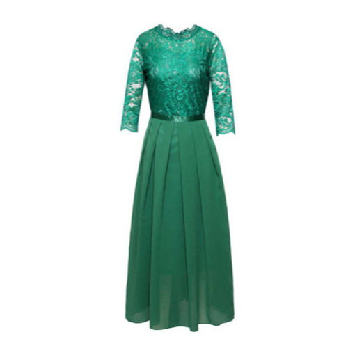 Evening Gown European Style Patchwork Dress Round Neck Lace Long Dress