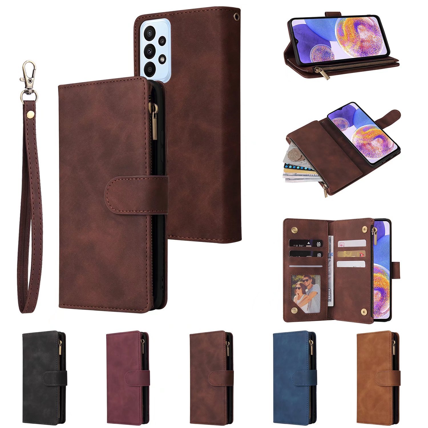 适用于三星S23手机皮套A25复古磨砂多卡拉链钱包保护套A34肤感S24