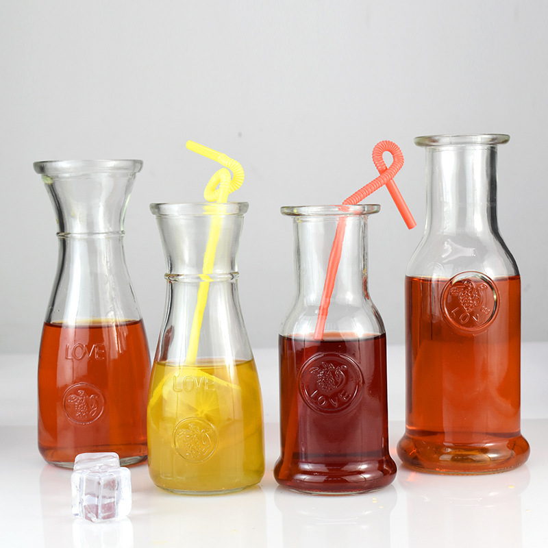 批发350ml玻璃饮料瓶雕花泡茶瓶吸管果汁瓶奶汁奶茶瓶透明玻璃瓶