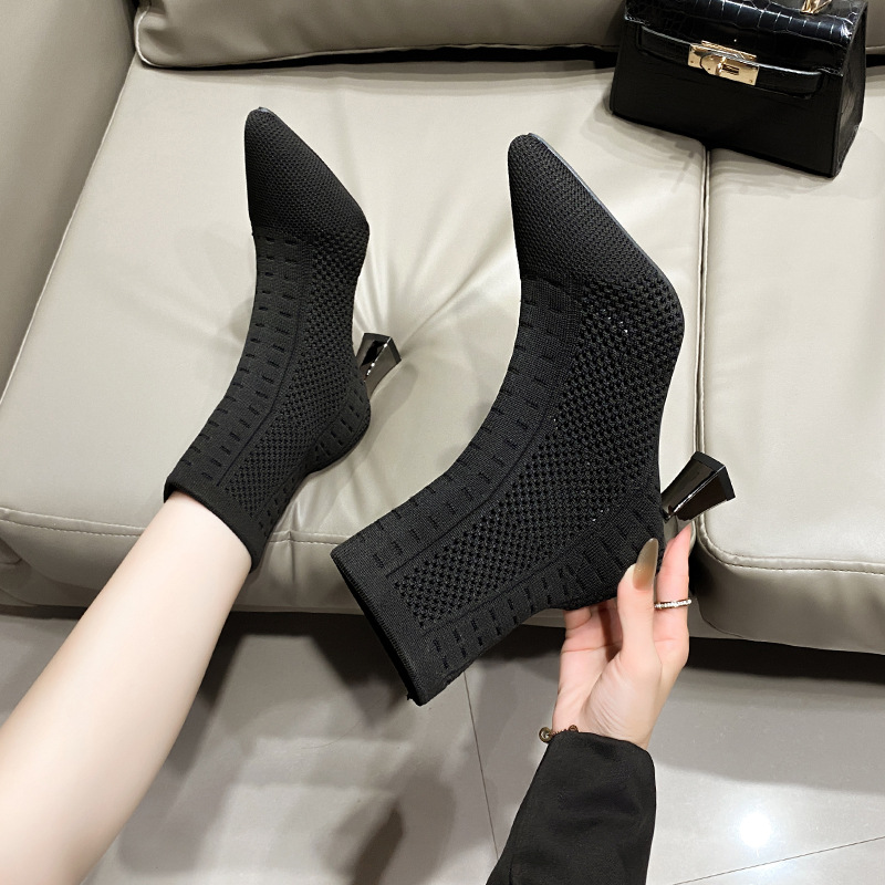 Large size new pointed socks boots women's medium tube thick heel high heels fashion outside elastic boots wool boots_voghion.com
