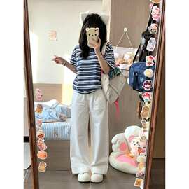 显瘦套装夏季美式休闲装两件套上衣长裤撞色条纹短袖运动服女炸街