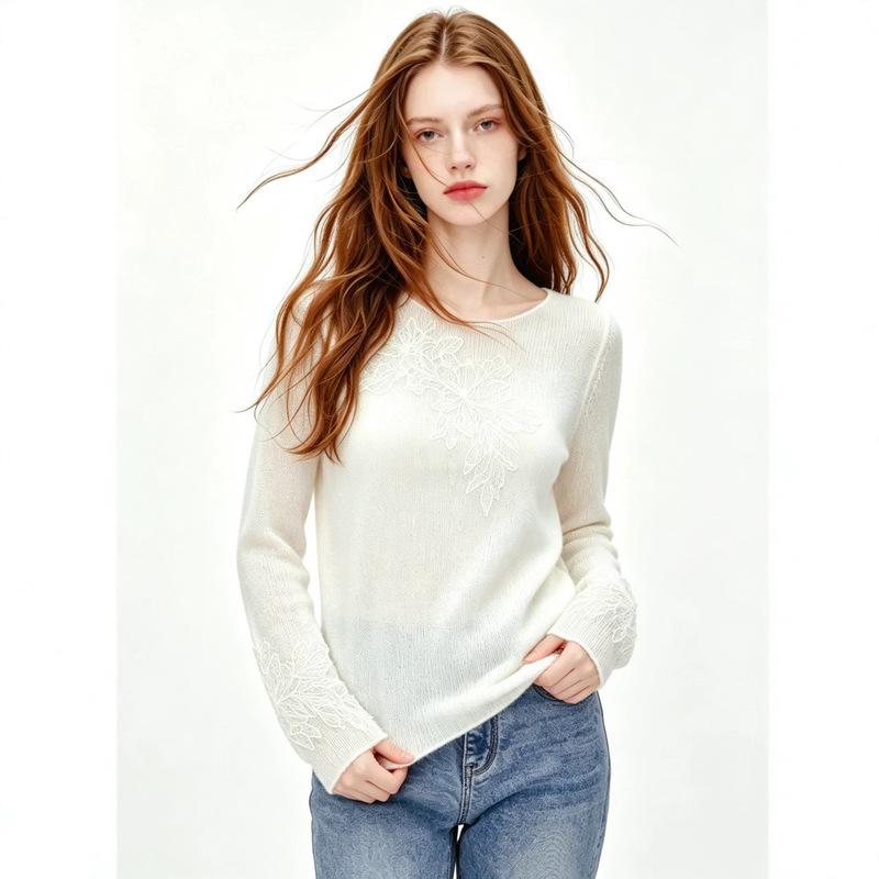 Nanyou French-style gentle floral lace spliced long-sleeve sweater 2026 spring and autumn simple thin knit base shirt Nanyou French-style gentle floral lace spliced long-sleeve sweater 2026 spring and autumn simple thin knit base shirt