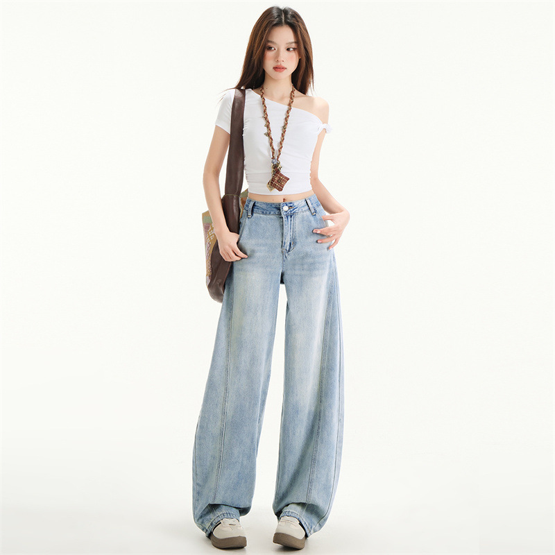 American light blue Scimitar Jeans Women's Spring and Summer 2025 New High Waist Loose Design Sense Lazy Style Wide Leg Pants