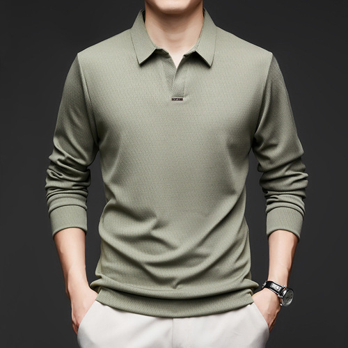 Men's Scissor Collar Polo Shirt 2025 Spring Casual Versatile Solid Color Stand Collar Men's Long Sleeve T-Shirt