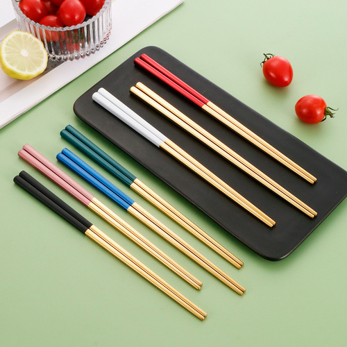 304 stainless steel chopsticks for household use per person, one chopstick 23CM metal thickened non-slip gold-plated full square long chopsticks wholesale