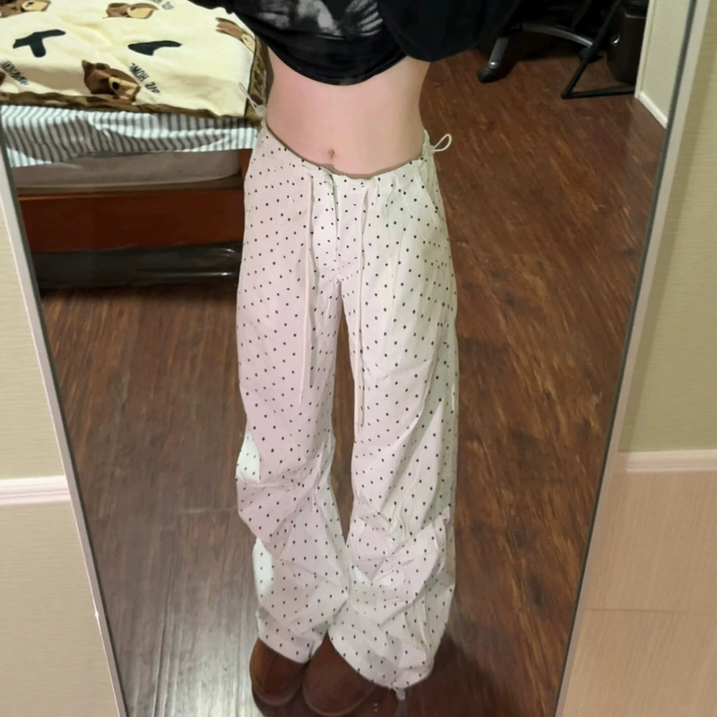 White Polka Dot Workwear Parachute Pants for Women, Summer Thin Sports Pants, Hiking Pants, Loose Wide-Leg Sun-Protection Quick-Dry Pants