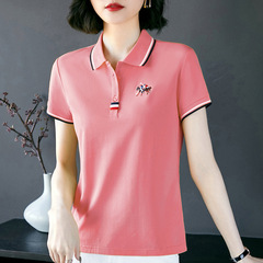 女性用襟付き半袖Tシャツ、夏用薄手2025年新作半袖トップス、おしゃれな中年ラペルポロTシャツ