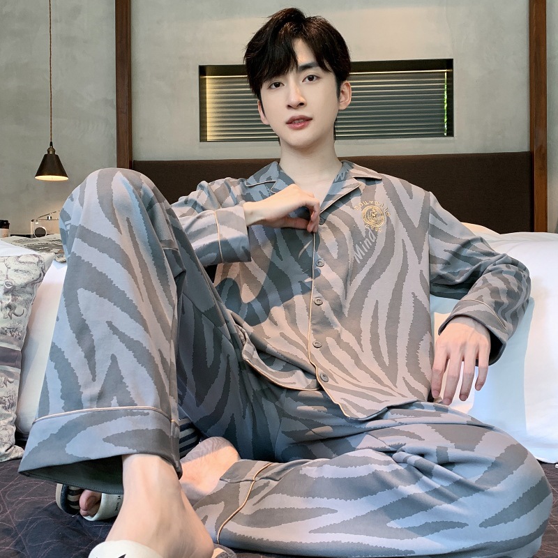 Pijamas de los hombres de primavera y otoño 100% algodón pantalones de manga larga delgada más tamaño de los hombres de alto grado traje de desgaste para el hogar