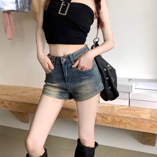 Hot Girl Distressed Denim Shorts Women's Summer New Retro American High-Waisted Elastic Slimming Wide-Leg Ultra-Short Hot Pants