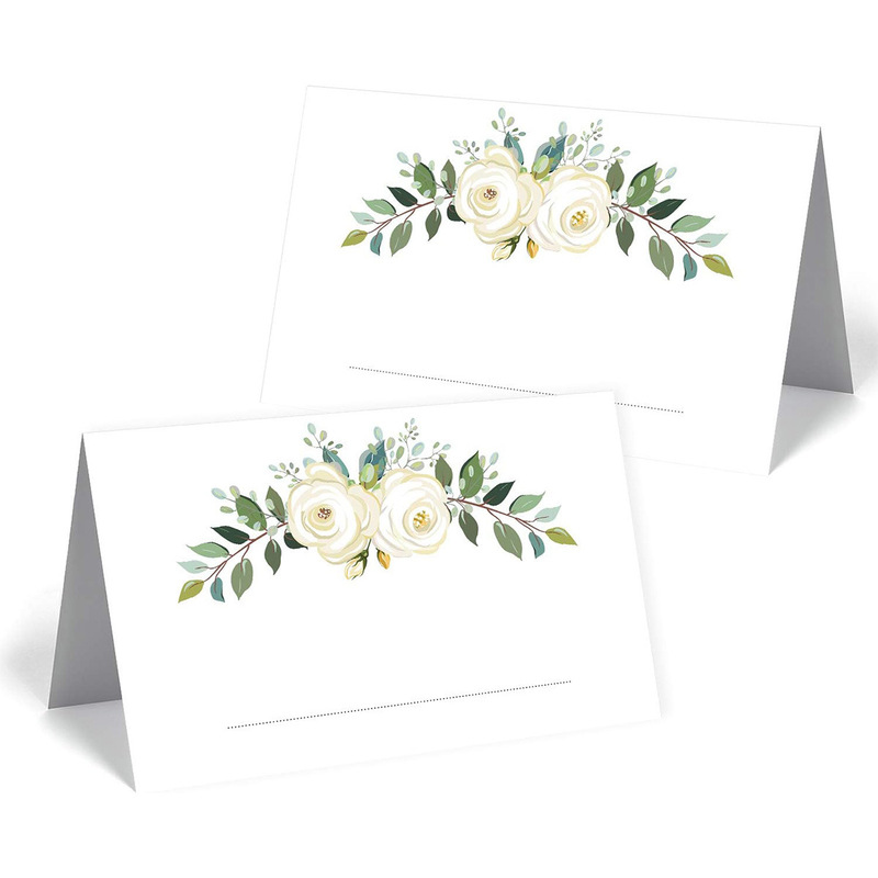 White Rose Eucalyptus Leaf Wedding Place Cards, Fresh Forest Style Folding Table Cards, Guest Guide Cards, Banquet Seating Cards