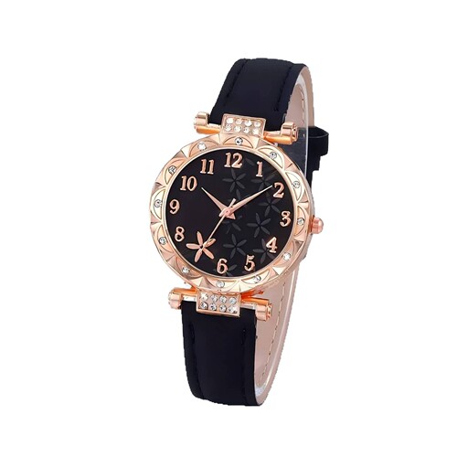 New Women's Casual Luxury-Style Diamond-Embedded Star Pattern Dial Quartz Watch with Leather Strap and Beaded Bracelet Set