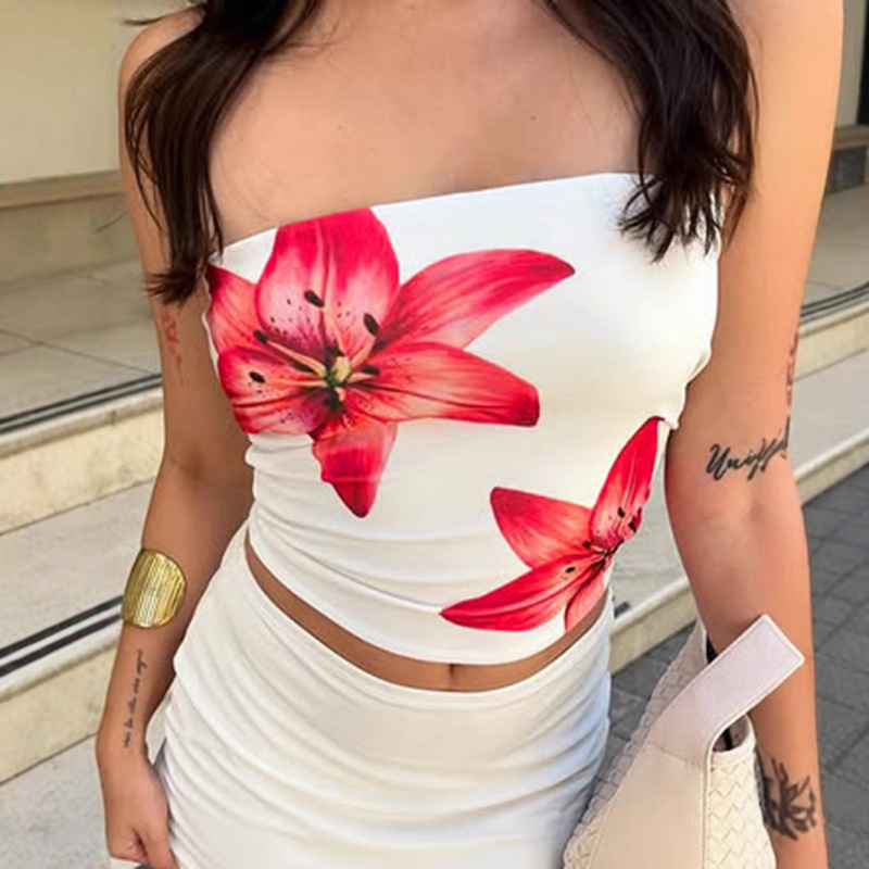 European and American Style Women's Clothing Summer New American Style Spice Girl Style Strapless Collar Printed Super Short Navel Small Vest