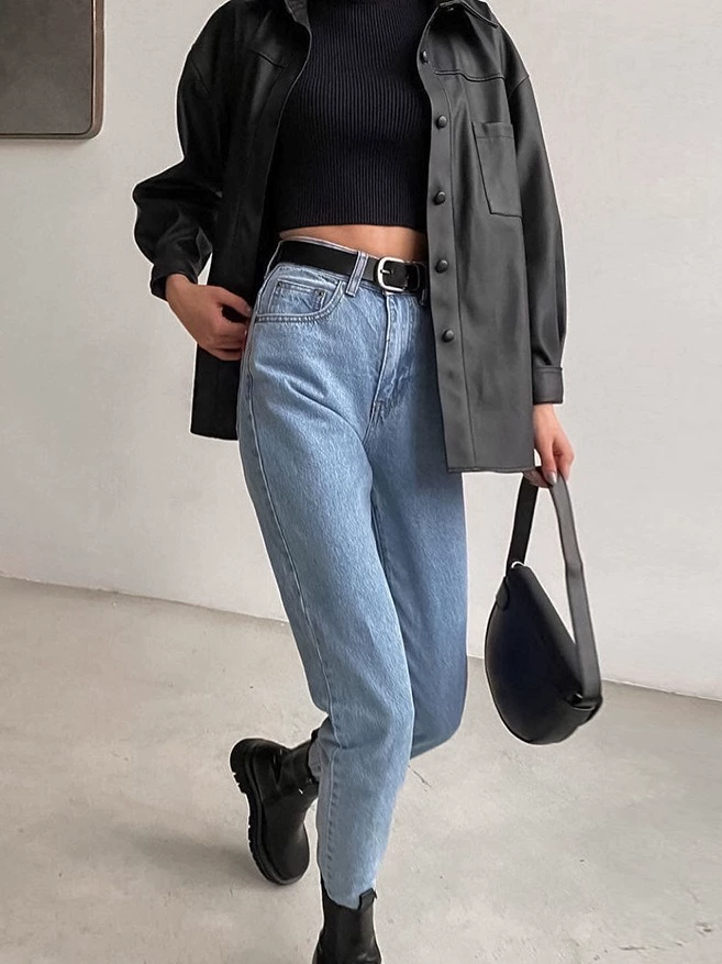 Black PU Leisure Shirt, European-Style Fashion Top with Stretch, Modern Chic for versatile leisure wear