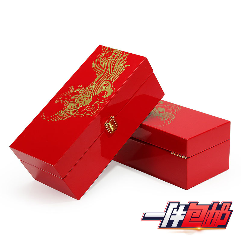 囍 钢琴烤漆婚庆金凤钗聘礼嫁妆盒黄金手镯项链首饰银钗木质礼盒