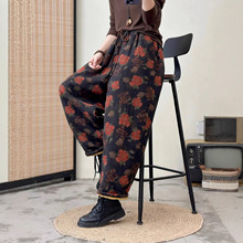 2025冬新款复古风印花斜纹麻哈伦裤 百搭文艺休闲系带九分裤