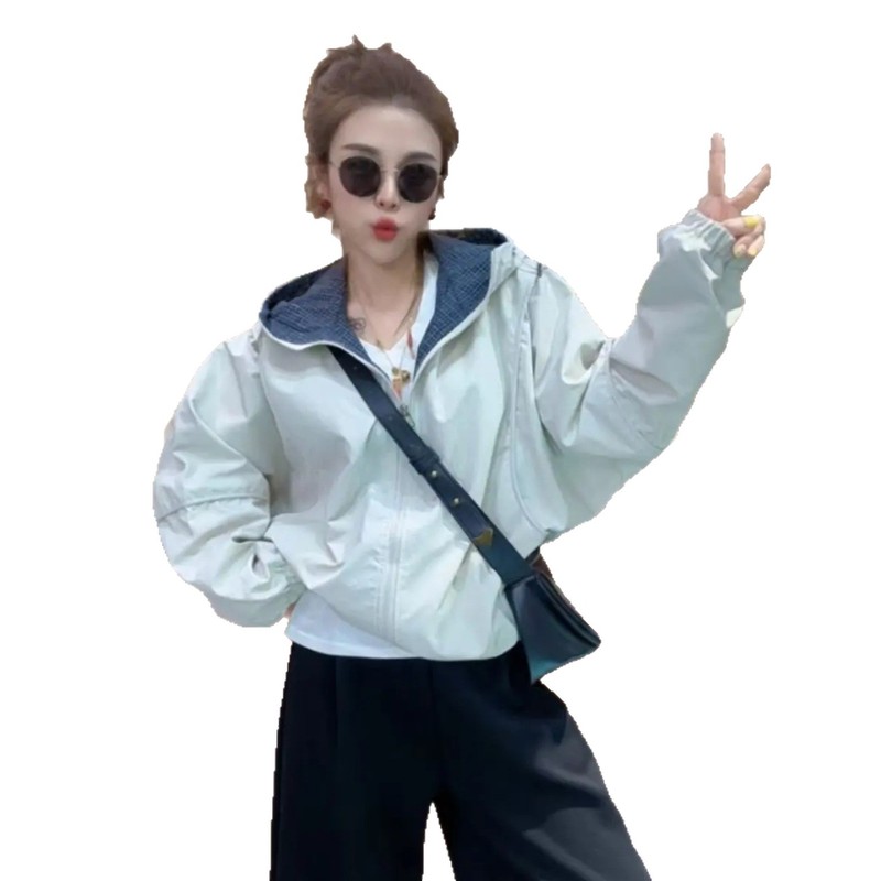 格子拼接连帽冲锋衣短外套女2025秋季韩系设计感休闲百搭夹克上衣|undefined