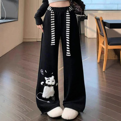 プラスサイズファットMMアメリカンかわいい猫黒カジュアルスウェットパンツ女性の春夏怠惰なスタイルのルーズワイドレッグパンツ