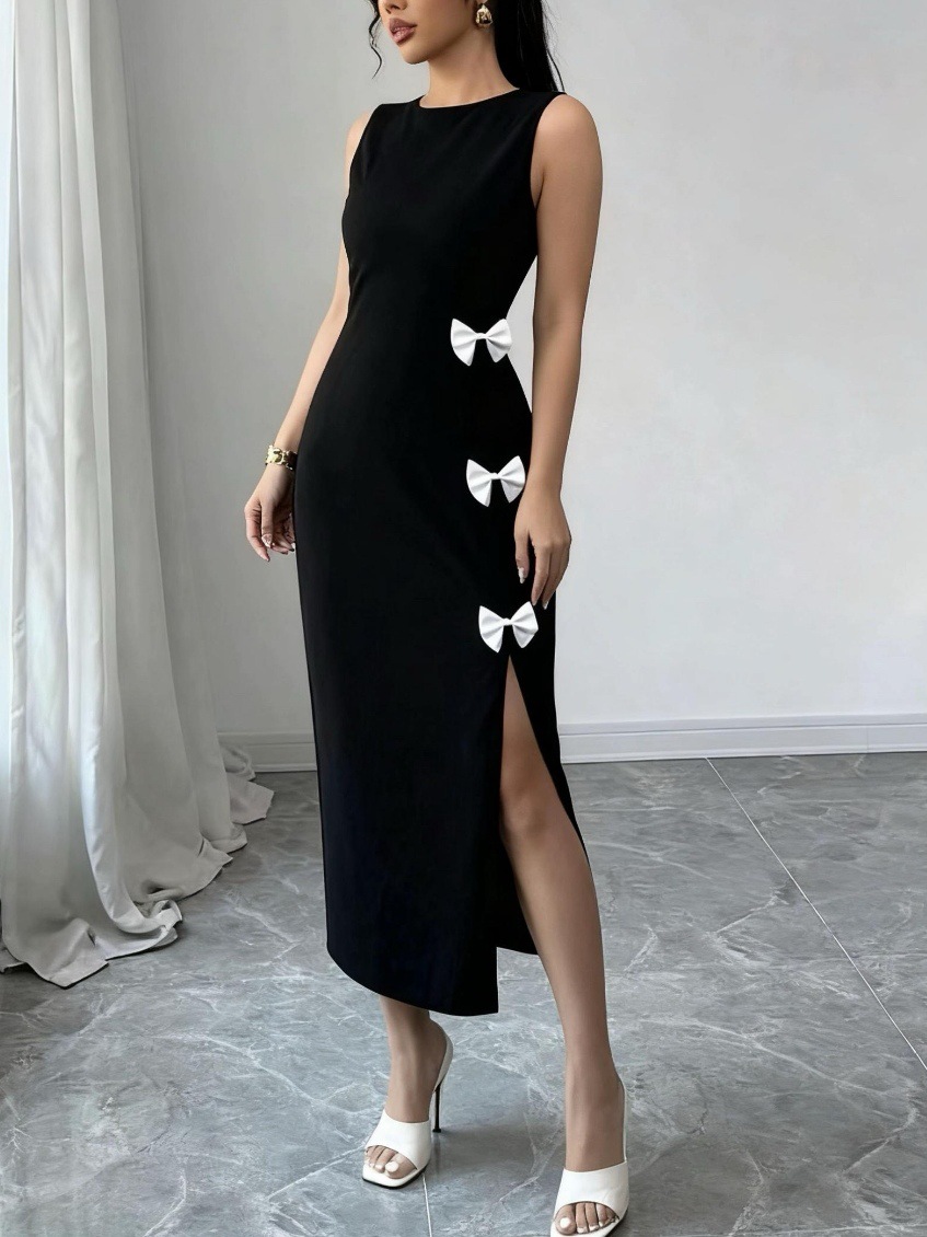 Elegant Knit Maxi Dress With High Slit – Stretchy Bodycon Long Dress For Women (Black, S-XL)_ecoleips.com