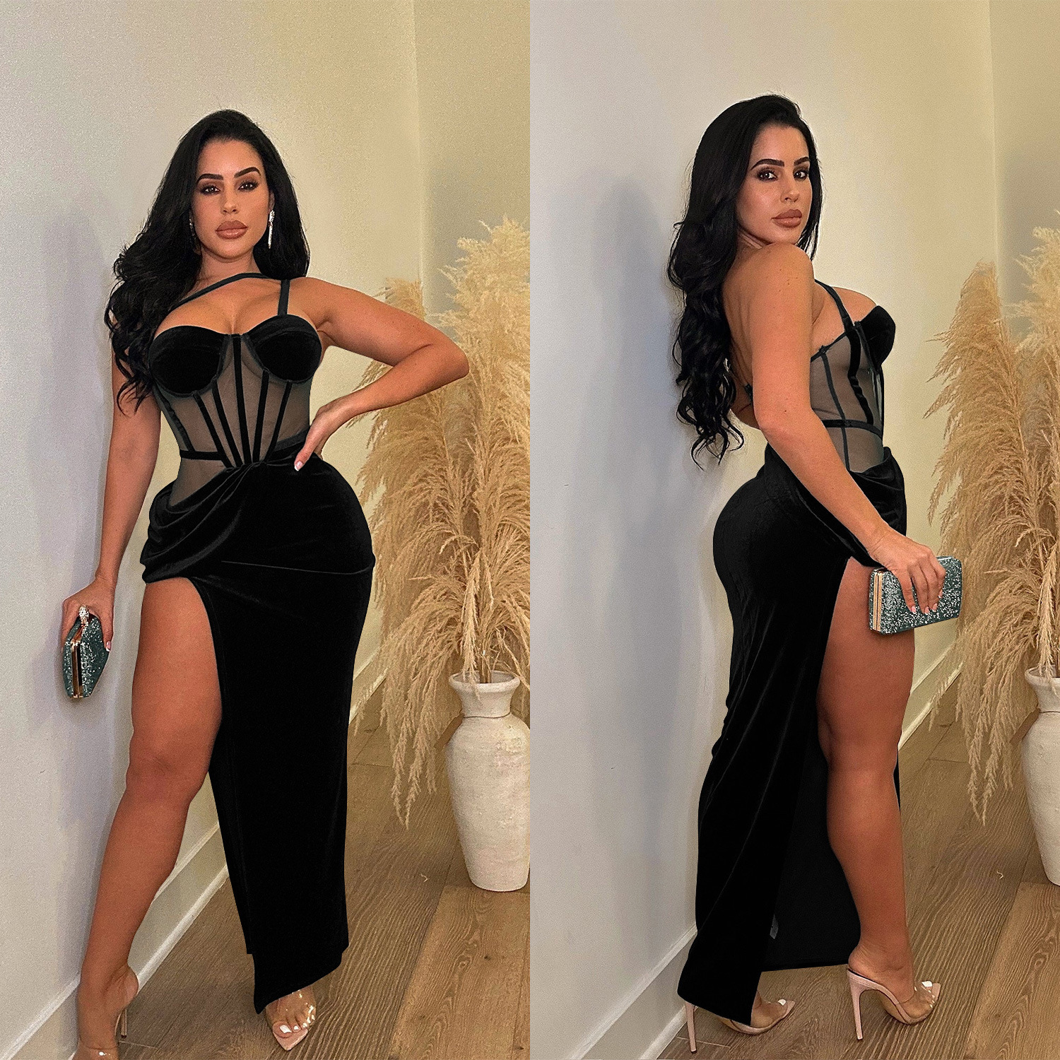 C6732 transfronteriza AliExpress Amazon Europa y América de las mujeres de moda de color sólido correa de malla vestido de la División