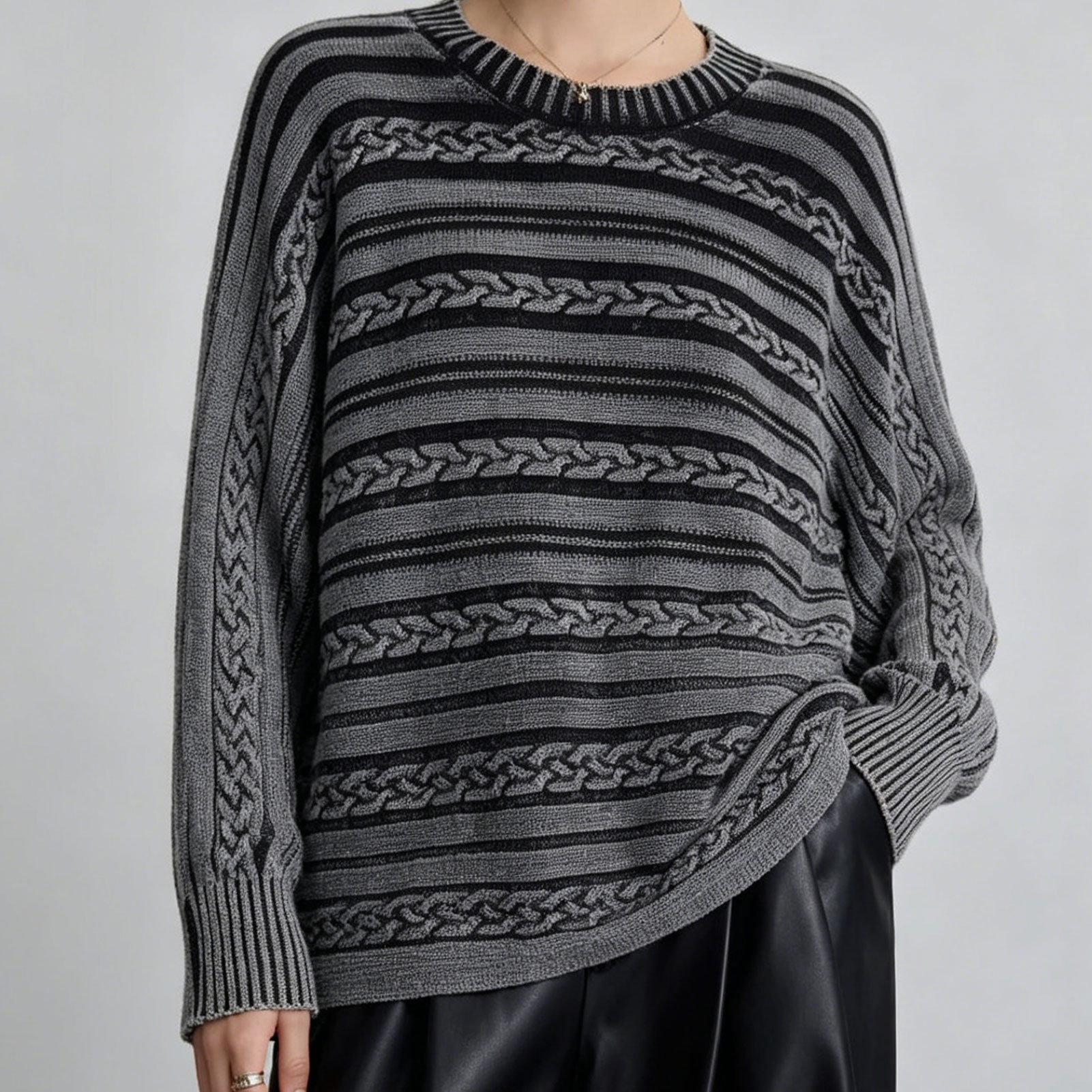 European and American Cross-border Foreign Trade 2025 Autumn and Winter Round Neck Cable Long Sleeve Casual Knitted Women's Pullover Contrast Color New Style Women