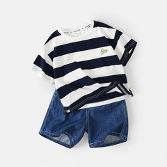 男童t恤短袖牛仔短褲套裝夏裝2024新款兒童半袖條紋上衣潮童