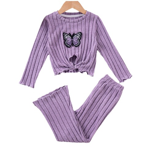Autumn/Winter 2025 Girls' Casual Set: Round Neck Plush Lace Butterfly Long Sleeve + Trousers