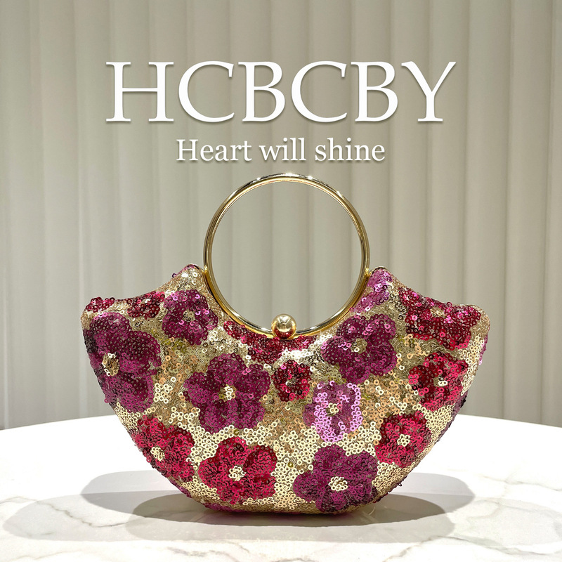 Rose red glitter sequin embroidered decorative ring handbag, women's fashionable evening dress bag