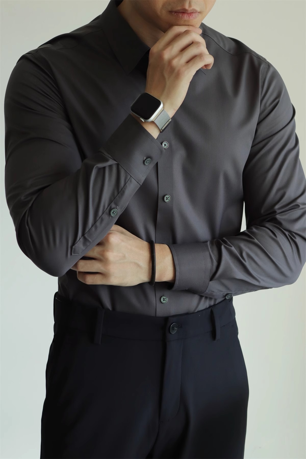 Abbigliamento da uomo, non stirabile, tinta unita, tecnologia nera a tre strati, senza cuciture, in fibra di bambù, a maniche lunghe, per il tempo libero, per lavoro, vestibilità comoda e aderente._voghion.com